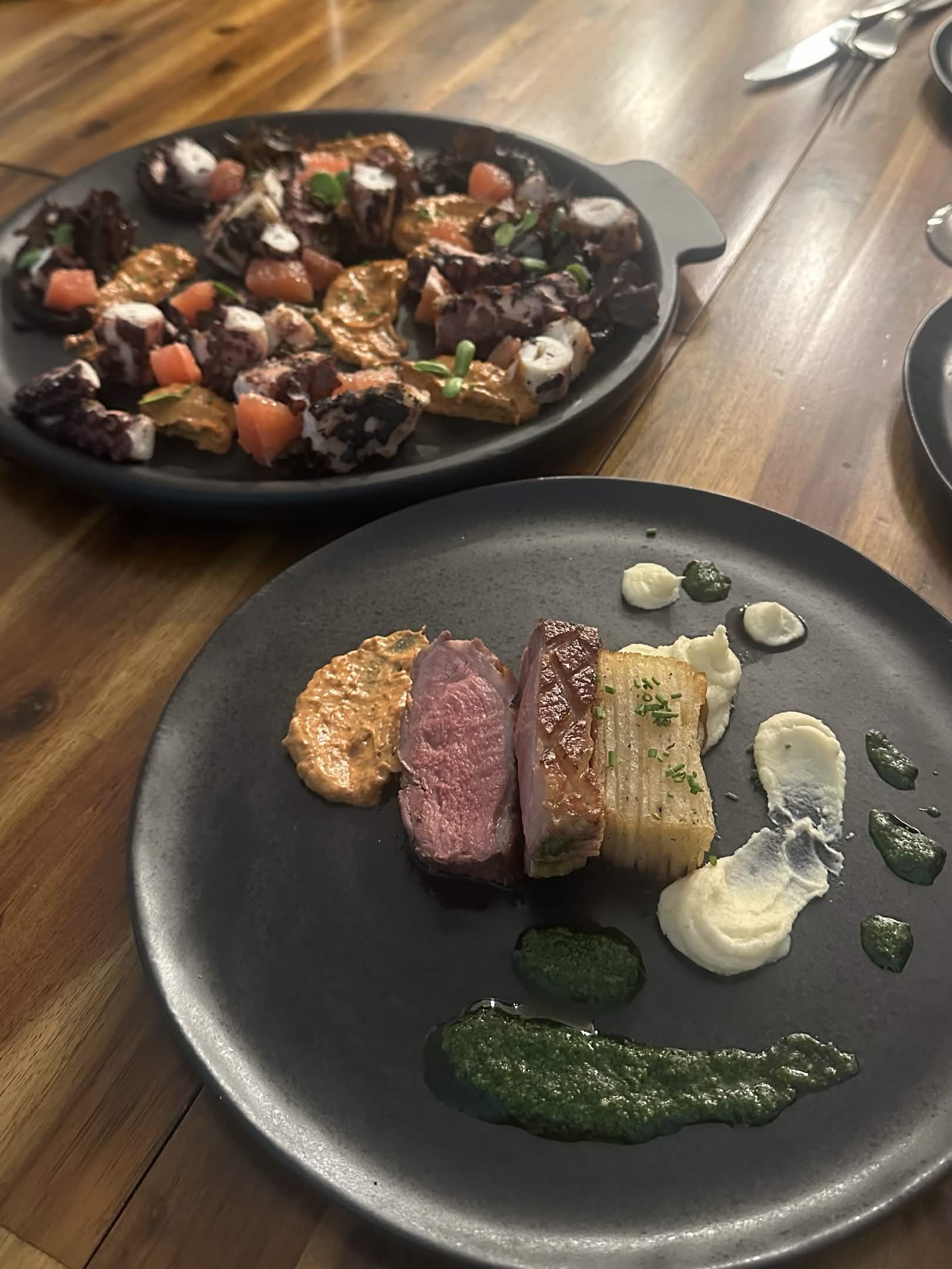 Duck breast, potato pavé, parsnip purée, herb oil, ancho aioli in foreground, grilled octopus and grapefruit in background